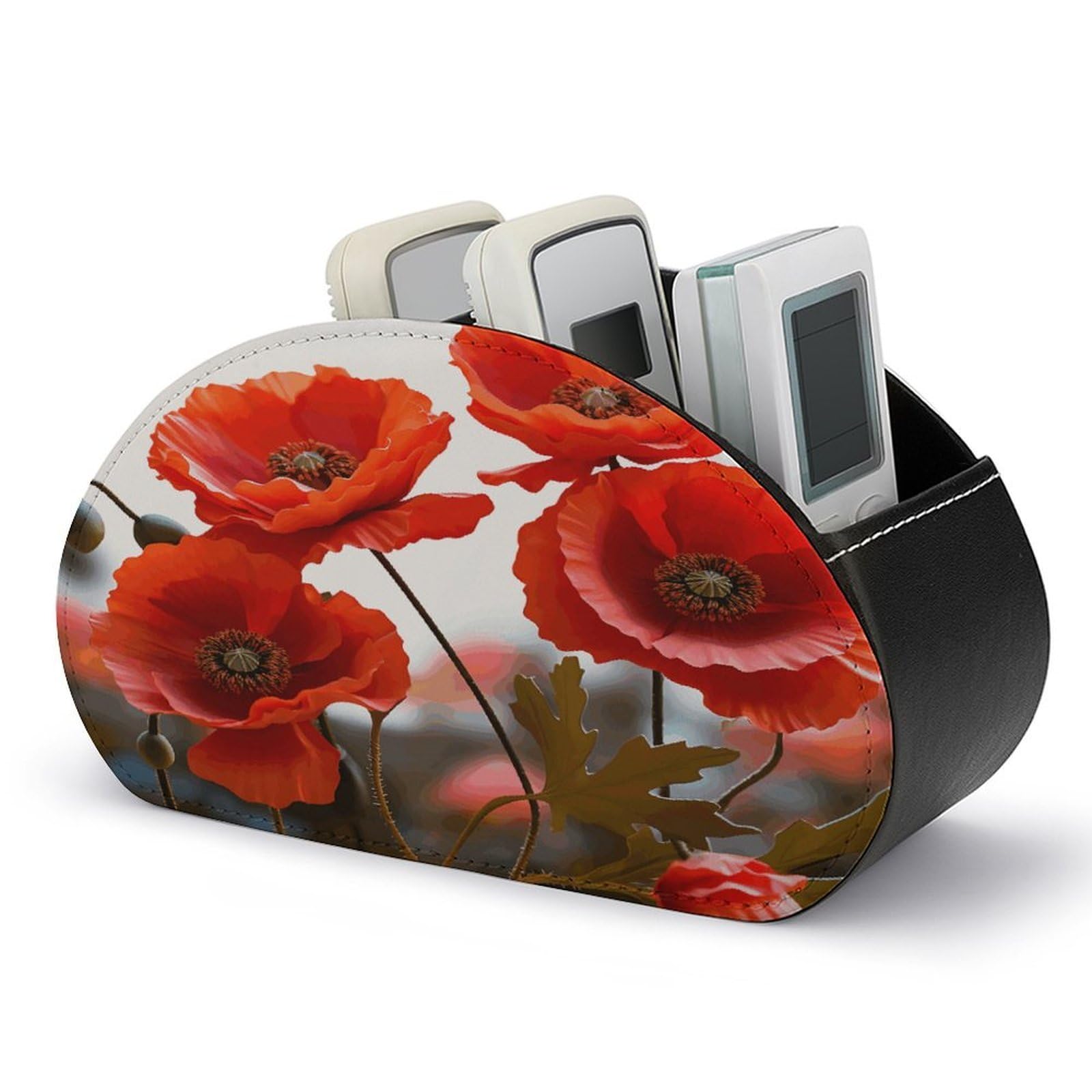 VstaDank Poppy Flowers Vivid Petals Remote Control Holder with 5 Compartments PU Leather Remote Caddy Desktop Organizer Store TV Remote Control Storage Box for Home Office Desk Nightstand