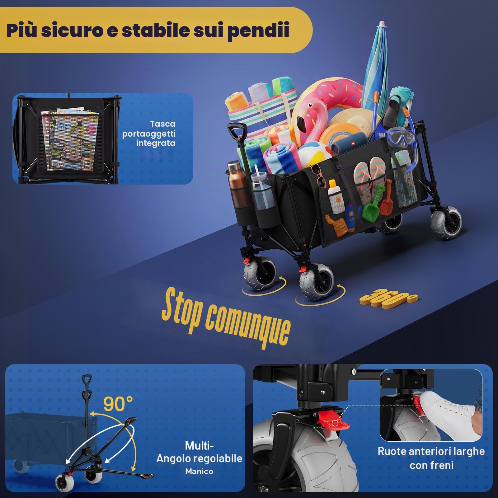 200L Grandi Carro Playa Plegable con Ruedas Todo Terreno, 200kg Carretto Spiaggia Pieghevole con Regolabile Braccioli e Freno, Carrito Playa Ruedas Borsa 20L per Campeggio Spesa