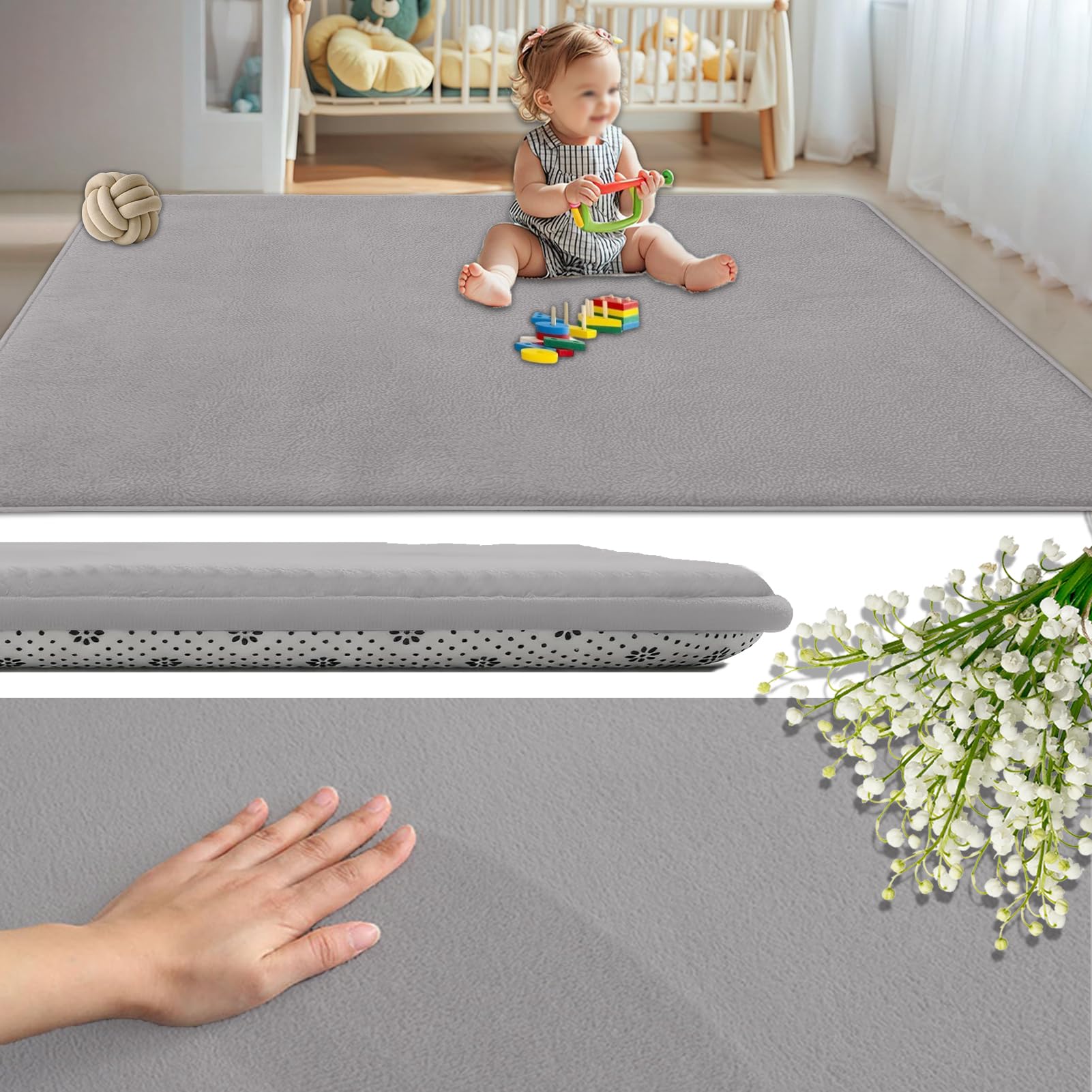 GmyoieqI Coral Velvet Baby Play Mat 2CM Thick, Non-Slip Backing Playmat for Floor Playroom Bedroom Yoga Mat 40 x 120 cm Large Memory Foam Area Rugs for Crawling Soft Play Tummy Time Activity Grey