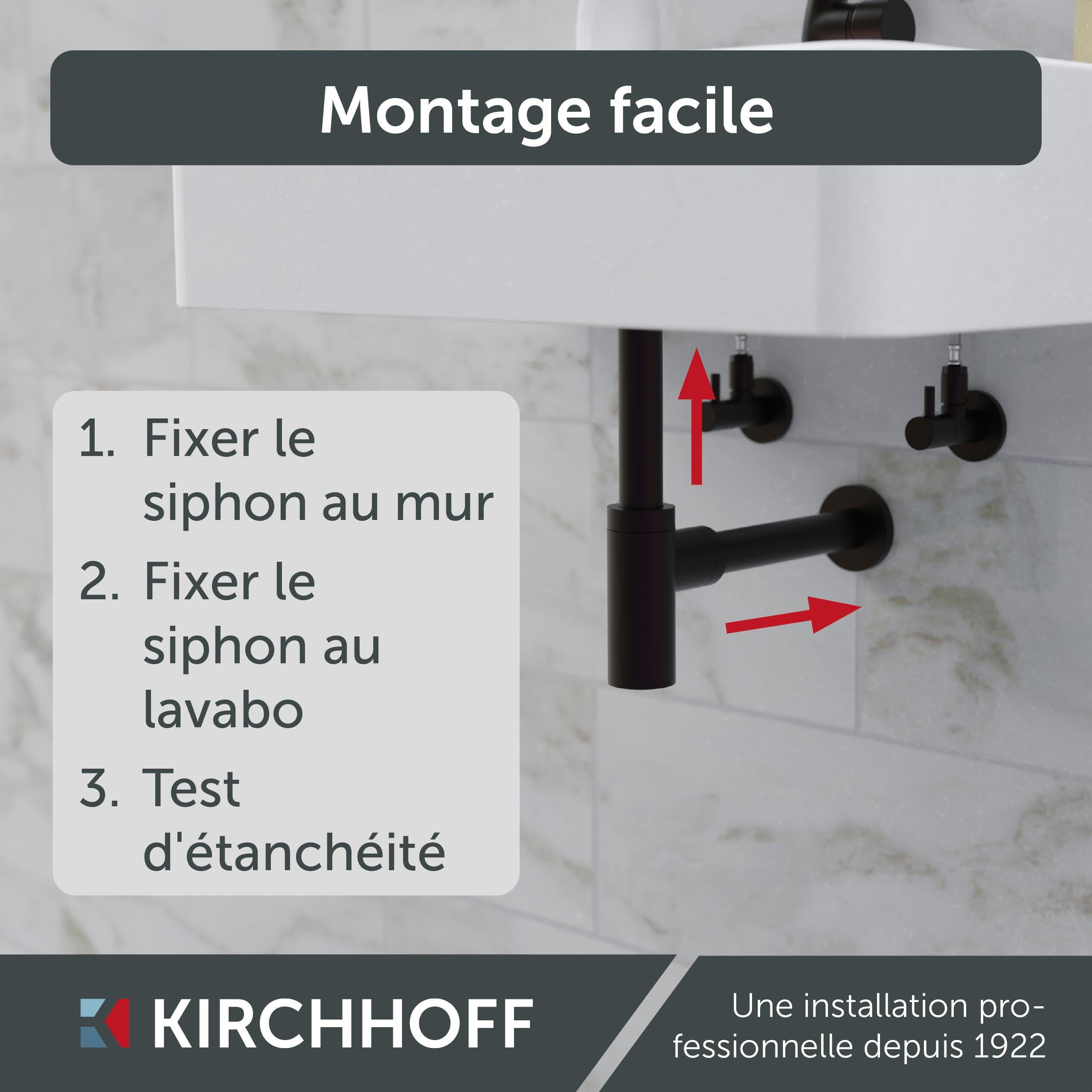 Kirchhoff Siphon design, siphon de lavabo de salle de bain en plastique non corrosif, siphon pour lavabo et lavabo, siphon anti-odeurs avec ouverture de nettoyage, 98803828, noir