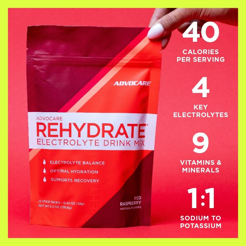 AdvoCare Rehydrate - Electrolyte Drink Mix - Includes Magnesium, Sodium, Potassium & Calcium - Antioxidant & Amino Acid Fortified - Hydration & Recovery - Red Raspberry, 15 Stick Packs (6.3 oz)