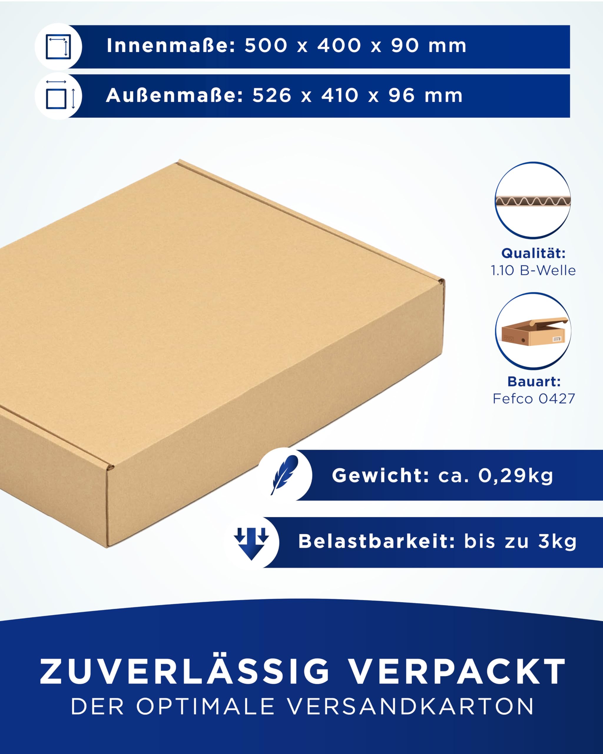 KK Verpackungen Faltschachteln 500 x 400 x 90 mm Braun 1-wellig (Außenmaß 526 x 410 x 96 mm) | 80 Stück, Versandkartons Kartons geeignet für Versand als DHL Paket DPD Hermes GLS Paketklasse S (KK218)