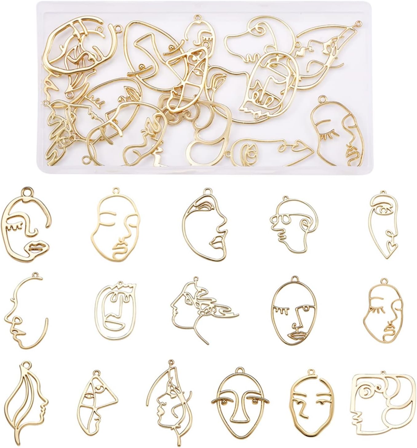 Craftdady Abstract Face Open Bezel Pendants Human Open Back Bezel Pendants Golden Blank Hollow Frame Profile Head Geometric Dangle Charms for UV Resin Press Flower Necklace Jewelry Making