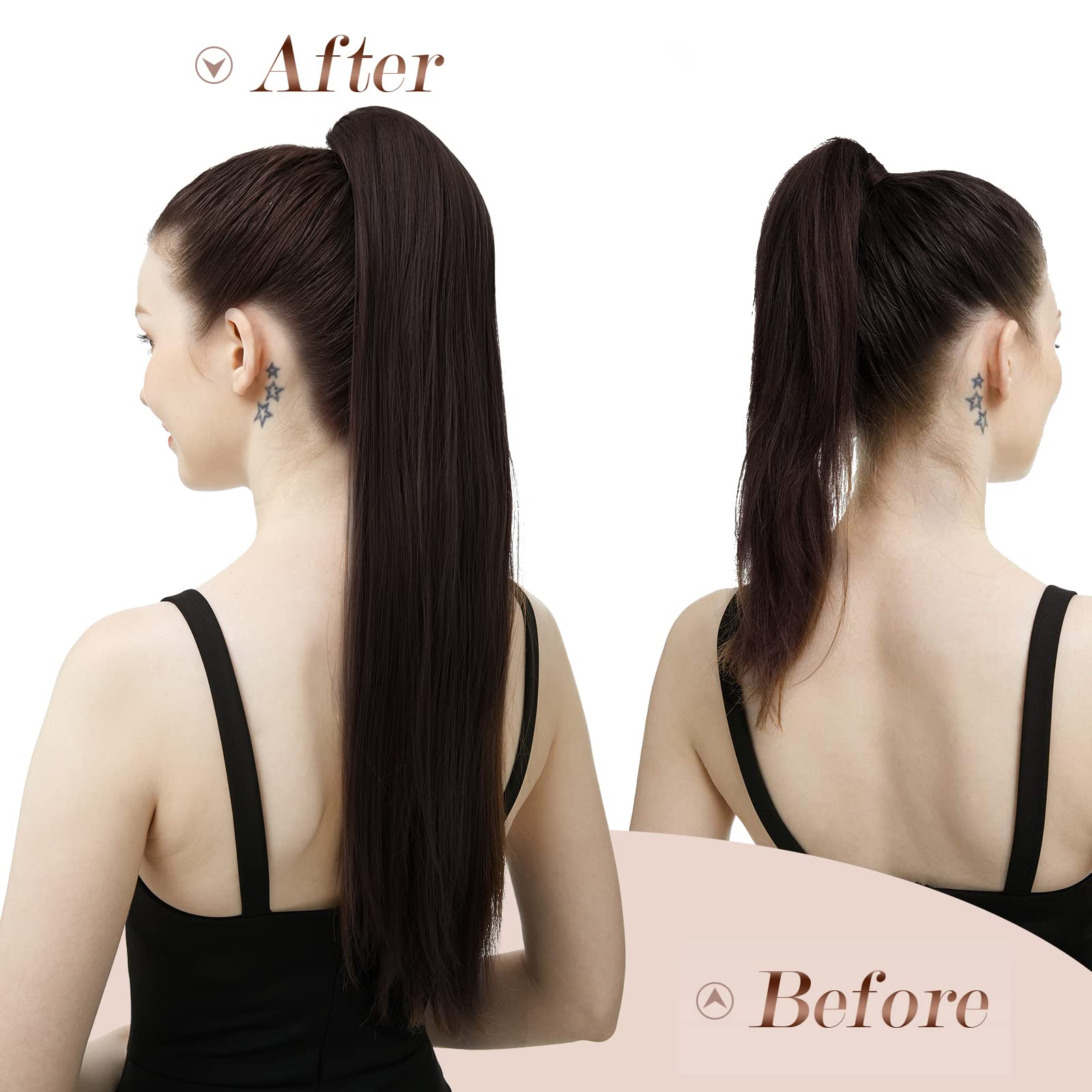 FESHFEN Coulisse Coda di Cavallo Extension, 70 cm Ponytail Extension Coda Capelli Lisci Lungo Coulisse Estensione dei Capelli Castano Scuro Sintetica Coda Capelli Extension