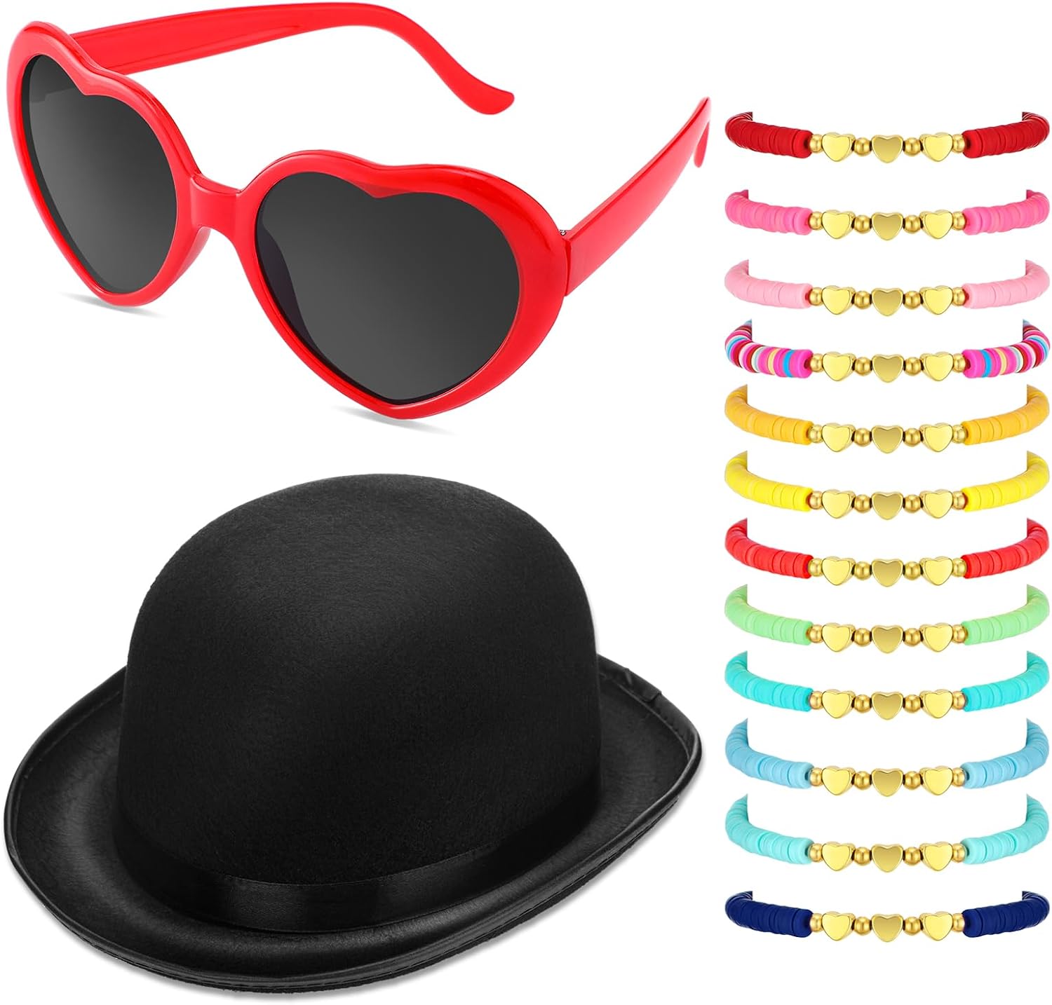 14 Pcs Popular Singer Costume Black Fedora Hats Red Heart Sunglasses Friendship Bracelets for Women Disco 80s 90s Party Music Festival Concert