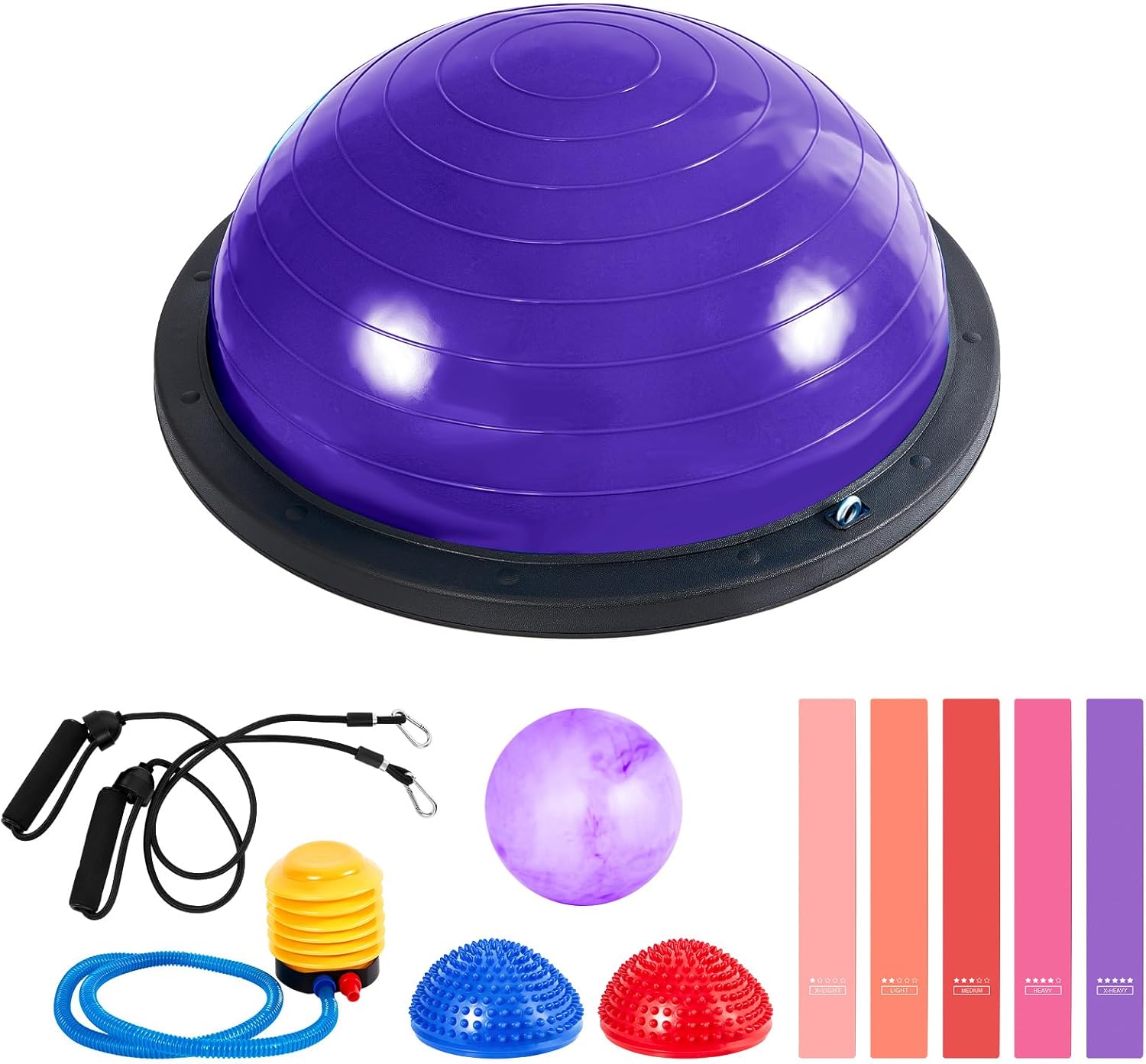 Honoson Half Ball Trainer Yoga Ball with Resistant Band Foot Pump Set, Half Exercise with Fitness Elastic Belt Hedgehog Balance Pods for Core Stability Full Body Workout Gym
