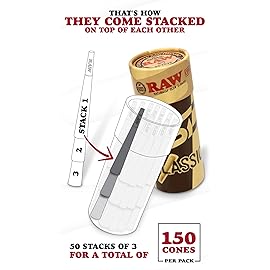 RAW Cones Classic 1-1/4 Size - 150 Pack - Slow Burning Pre Rolled Cones with Tips & Packing Tubes Included