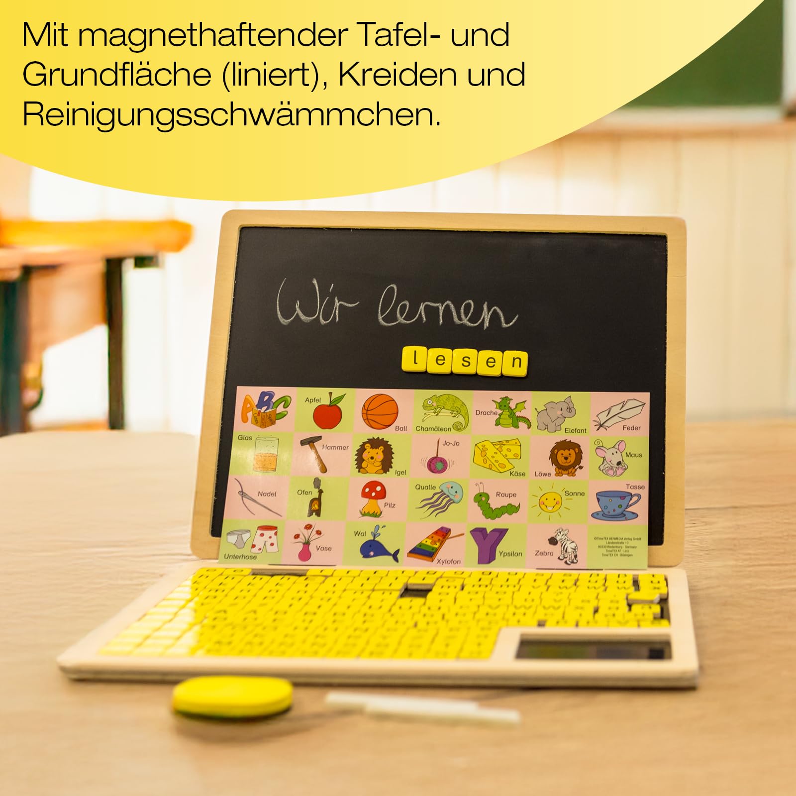 TimeTEX Lese-Klapp-Computer aus Holz, 189-tlg. | ABC Lernspiel, magnetisch mit Tafelfläche & Buchstaben-Steinen | Laptop Spielzeug für Kinder zum Lesen & Schreiben Lernen