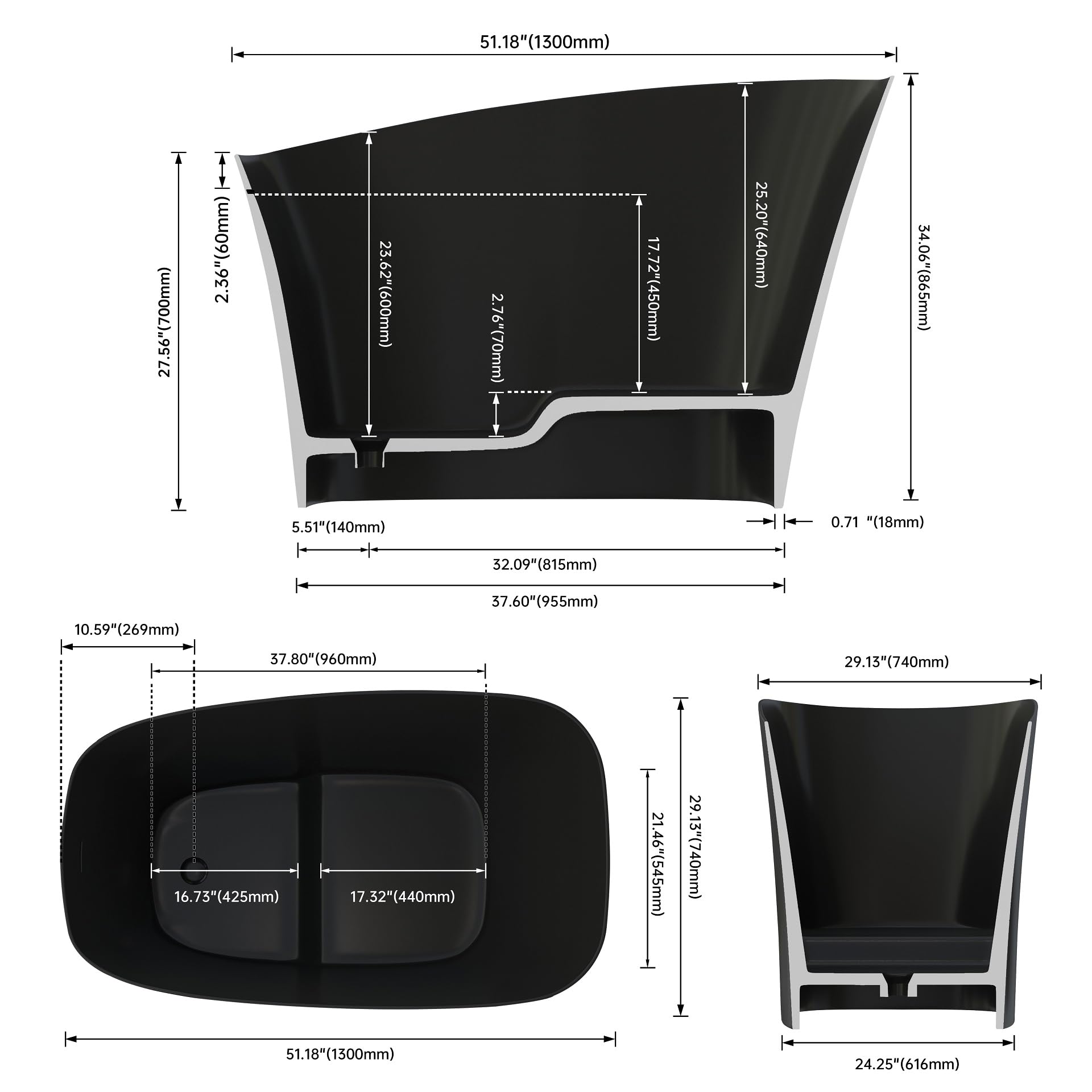 Bañera japonesa independiente de superficie sólida de 51 pulgadas, diseño negro mate mejorado, bañera de resina de piedra independiente con desbordamiento y drenaje desplegable