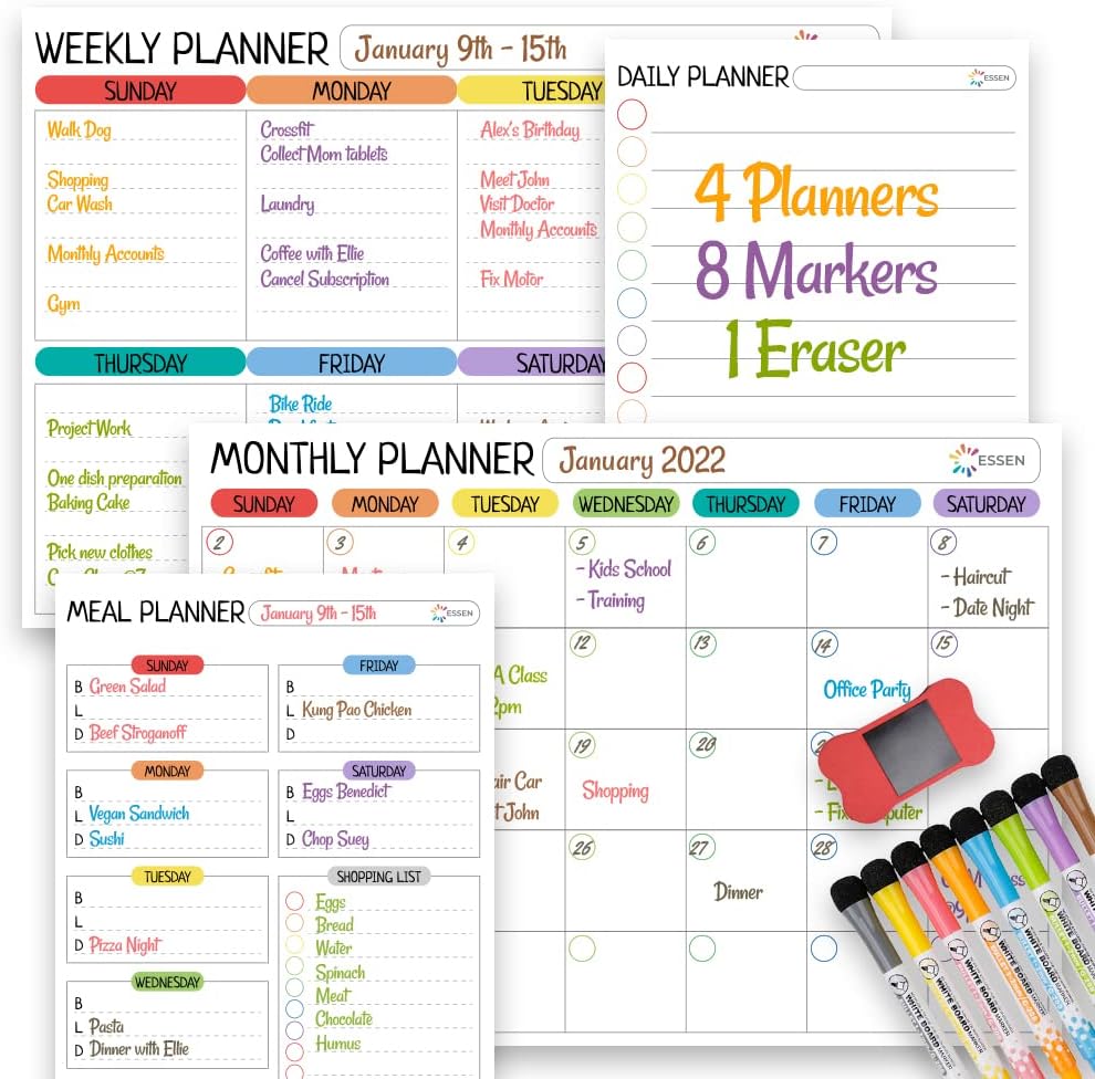 ESSEN Magnetic Whiteboard Planners Monthly Weekly Daily Meal Family Planner, Set of 4