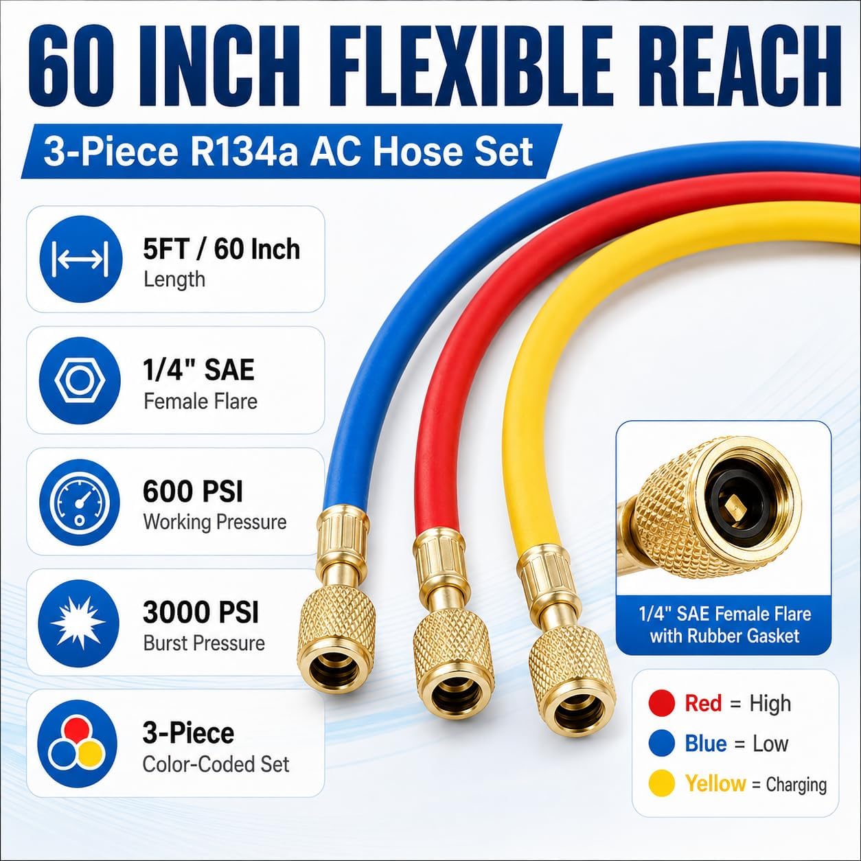 3Pcs R134a AC Manifold Gauge Hose Kit 60 Inch photo 4