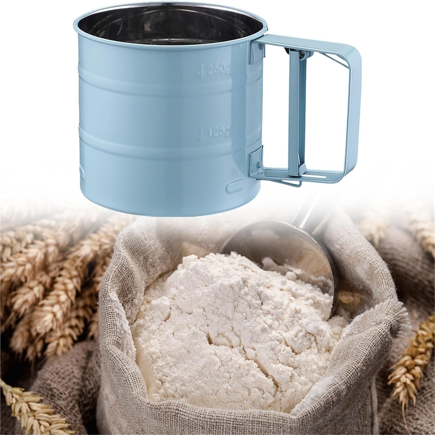 Stainless Steel Flour Sieve Hand Crank Baking Sifter Stainless Steel Flour Strainer Fine Mesh Sugar Powder Sieve Cup Tool for Home(Green)