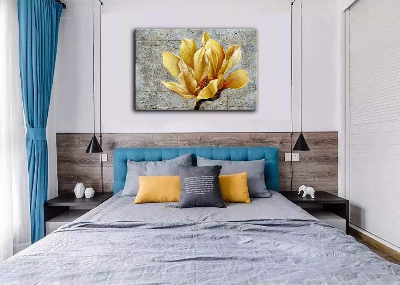 Urttiiyy Yellow Grey Flower Wall Art Abstract Gray Background Print on Canvas Home Decor Decal Pictures Poster for Bedroom Living Room Printed Painting Gifts Framed Ready to Hang - 36''x24''