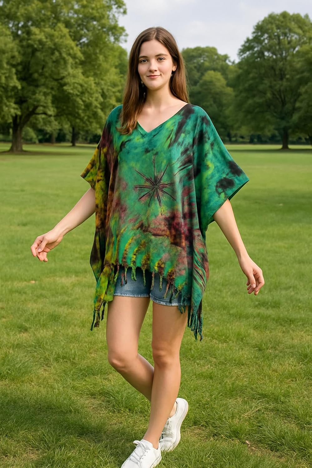 Tie Dye Blouse Caftan Kaftan Poncho Tunic Tops Cover Up Plus size Real Handmade (Teal blue)
