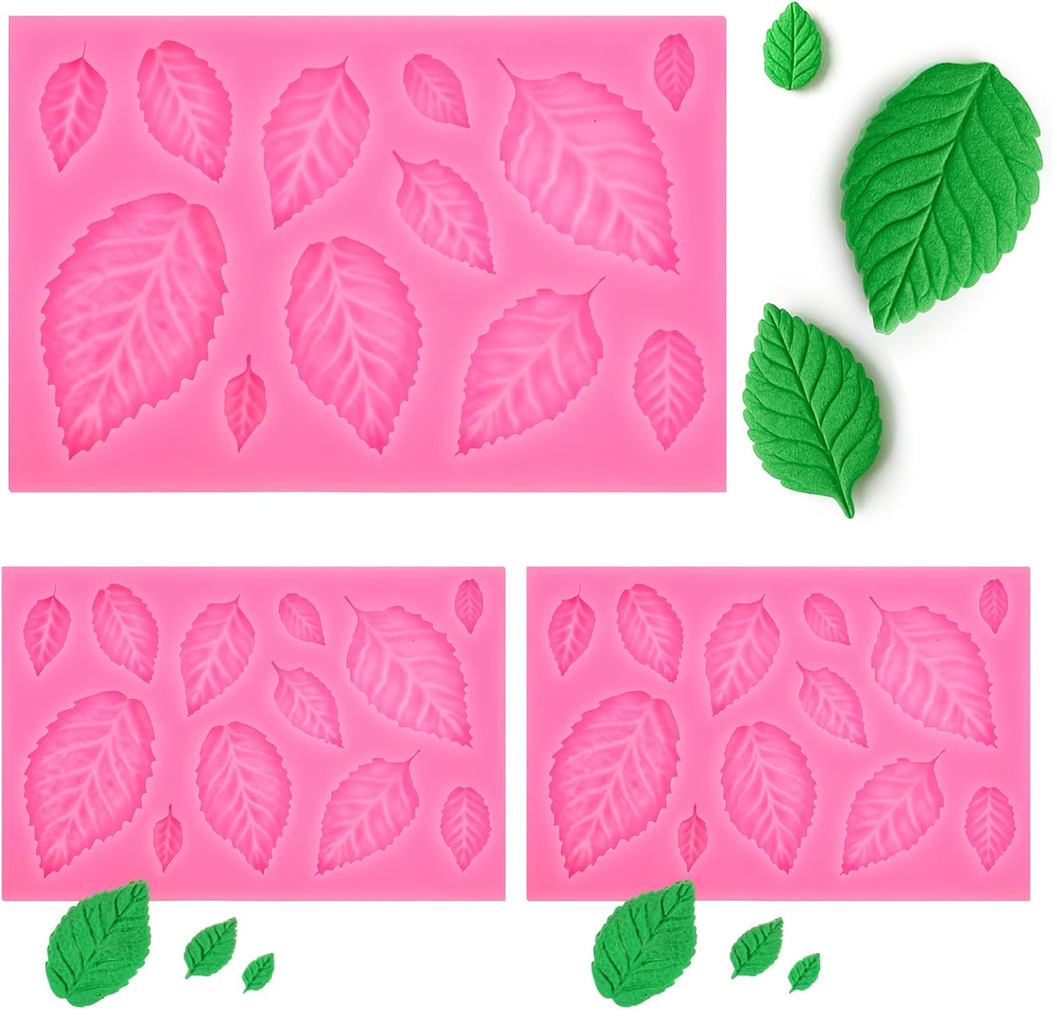 3Pcs Leaf Molds Silicone, Pink 3D Leaves Mold for Fondant Chocolate Butter Polymer Clay Candy Soap Sugar Paste Cake Decoration and Crafting Projects