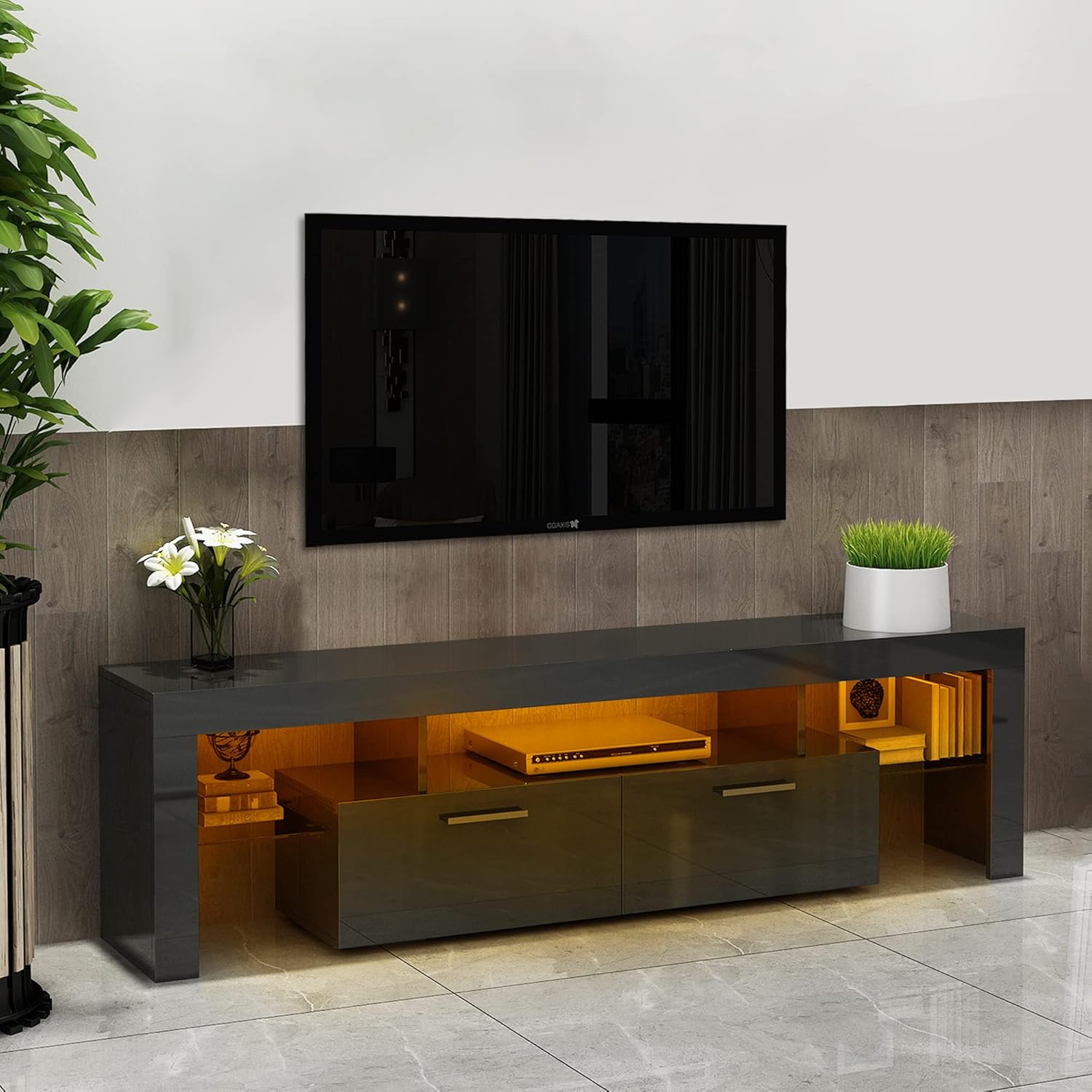 Amazon.com: Veemuaro Black LED TV Stand for 70 Inch TV, Modern TV Stand ...