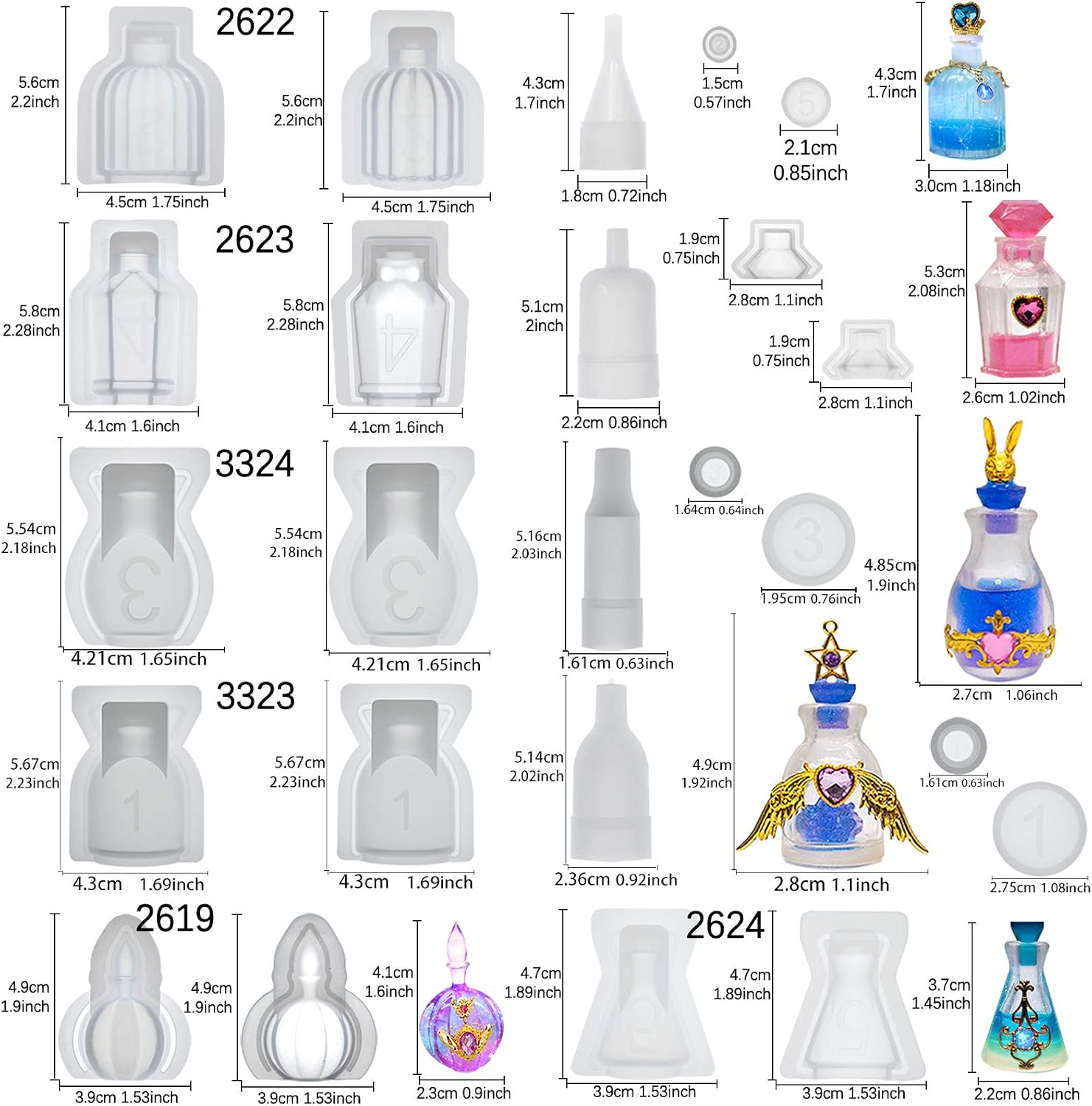 Small Bottle Container and Stopper UV Resin Epoxy Silicone Mold Jewelry Casting 6 Trays Set with Manual