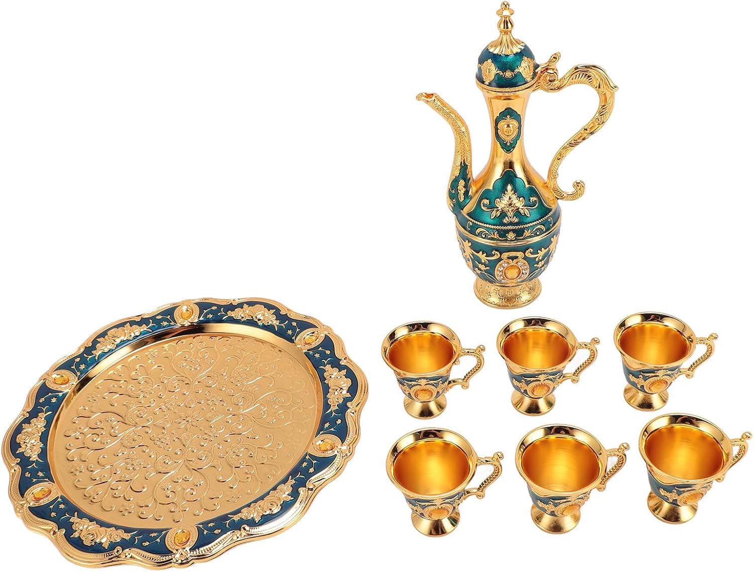 Vintage Coffee Pot Set, European Wine Pot Kit with 6 Cups, Zinc Alloy Teapot Tea Service Set for Wedding Birthday Gift, Elegant Metal Coffee and Wine Serving Tray (Gold Blue)
