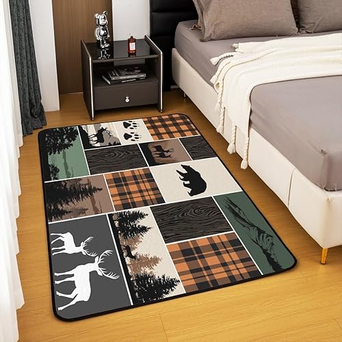 Miniatura 3 de Alfombra rústica de cabaña de 5 x 6 pies 6 pulgadas, alfombra de oso de caza con ciervos para niños, adolescentes y adultos, alfombra antideslizante