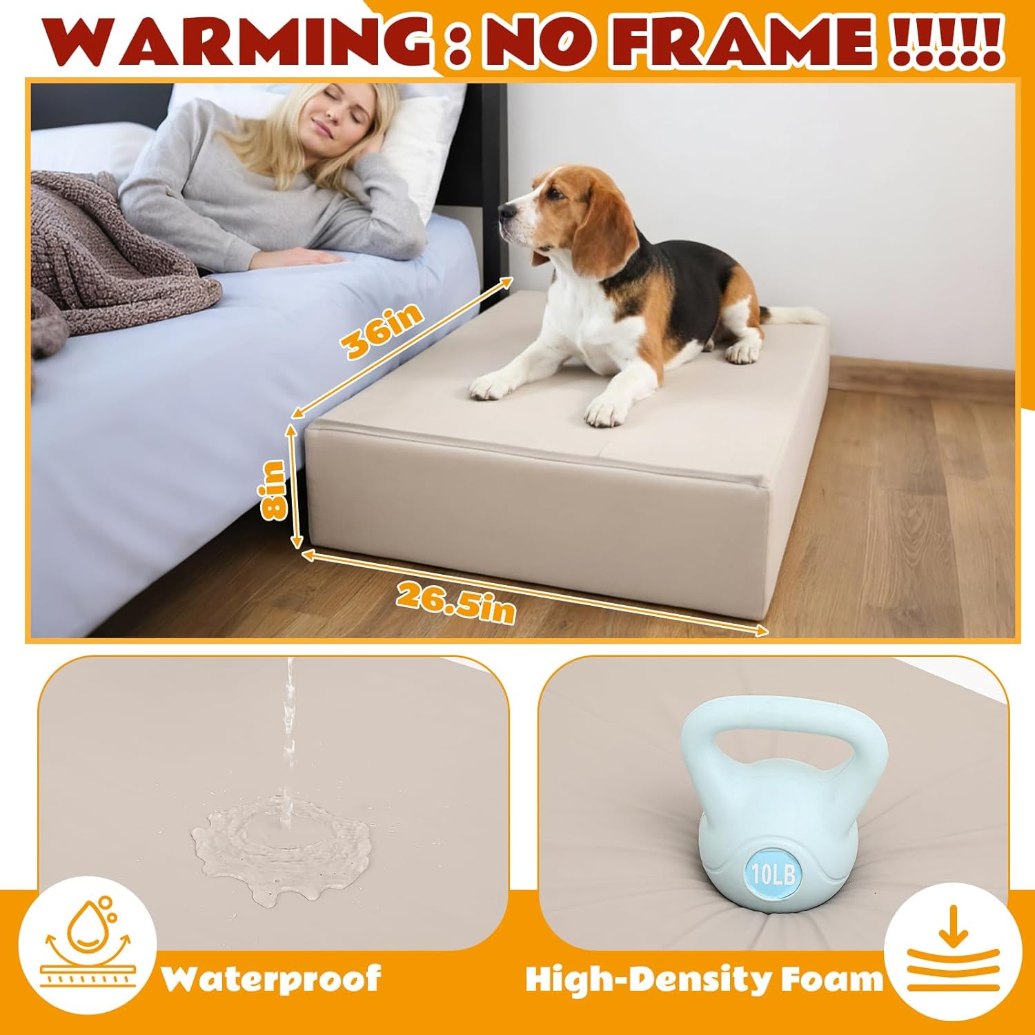 Dog Bed Extension for Human Bed, 8" Extra Thick Orthopedic Memory Foam Bedside Pet Mattress, Waterproof Removable Cover, Non-Slip Bottom, Joint Relief for Medium Large Dogs, Gray(No Frame)