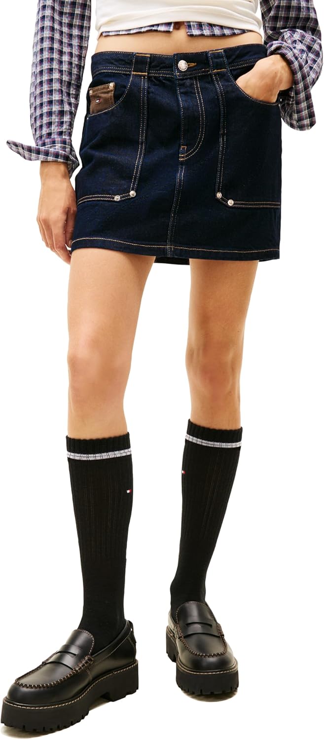 Tommy Jeans Women's Denim Mini Skirt with Pocket and Embroidered Flag Logo
