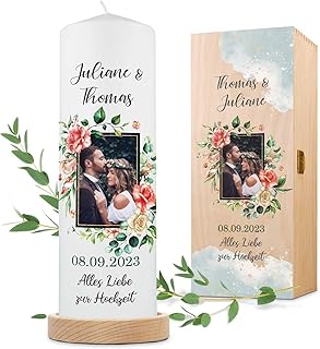 GRAVURZEILE Bedruckte Kerze - Hochzeitsfoto - Personalisierte Kerze mit eigenen Namen, Datum & Foto Bild - Geschenk zur Hochzeit an das Brautpaar - Hochwertige Stumpenkerze Weiß 250/80 mm