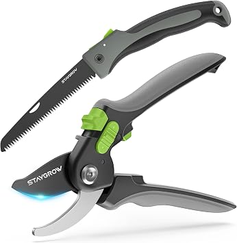 8.5" Bypass Pruning Shears SK5 Blade and 7" Folding Hand Pruning Saw Set Ideal Gardening Gifts