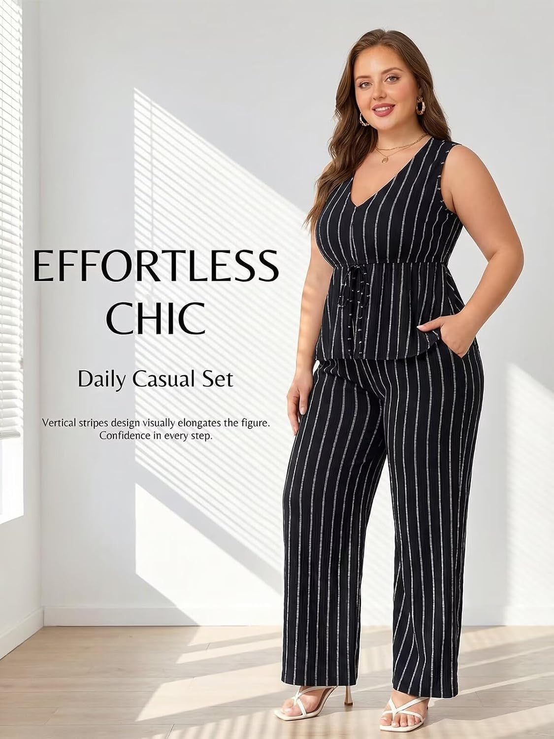 Ekaliy Women’s 2 Piece Outfit V Neck Sleeveless Top Matching Wide Leg Pants with Pockets Casual Travel Lounge Sets