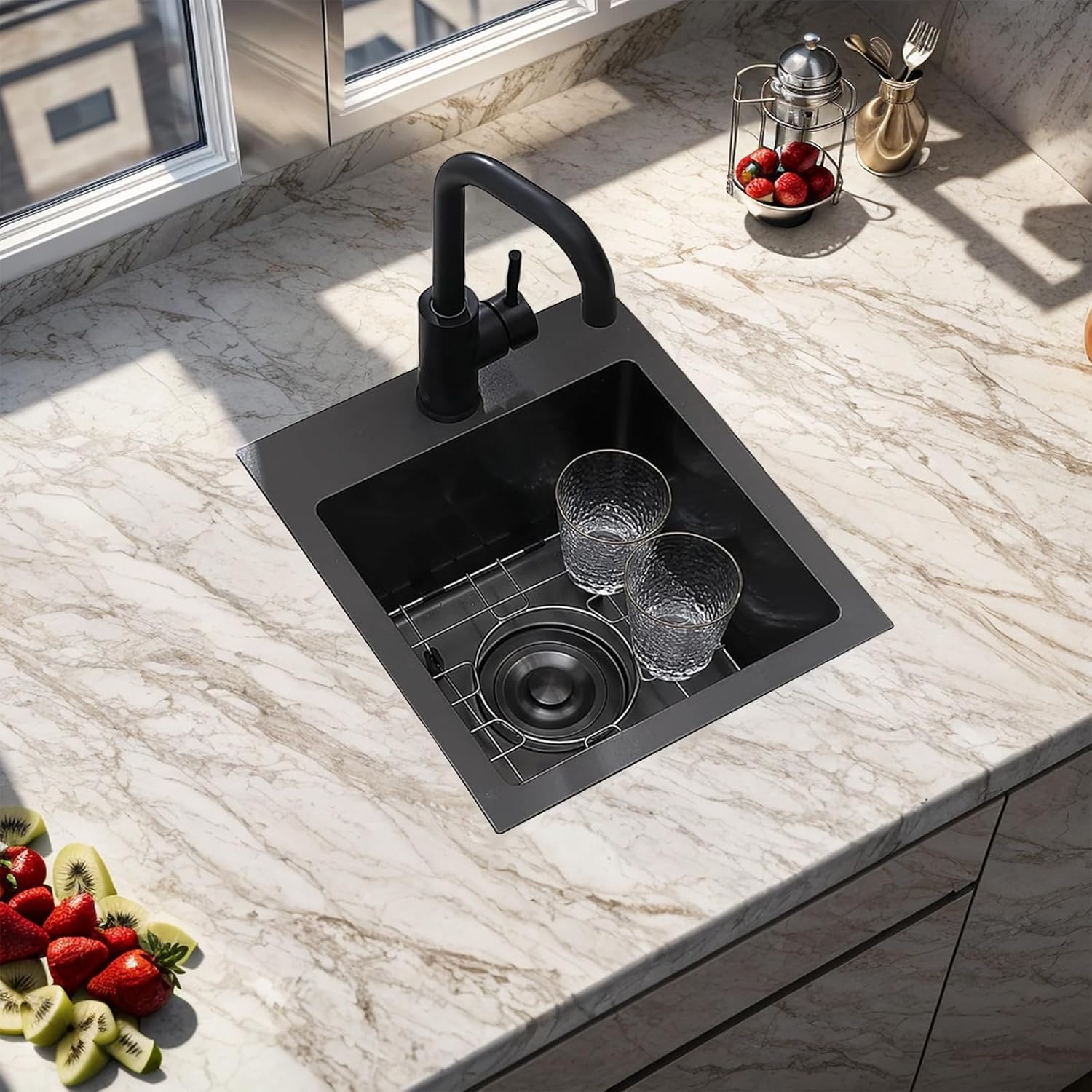 VAPSINT 13x15 Inch Black Drop In Bar Sink, Single Bowl Top Mount Handmade Gunmetal Black Wet Bar Prep RV Sink, 16 Guage Stainless Steel Outdoor Small Kitchen Sinks with Grid & Drain Strainer