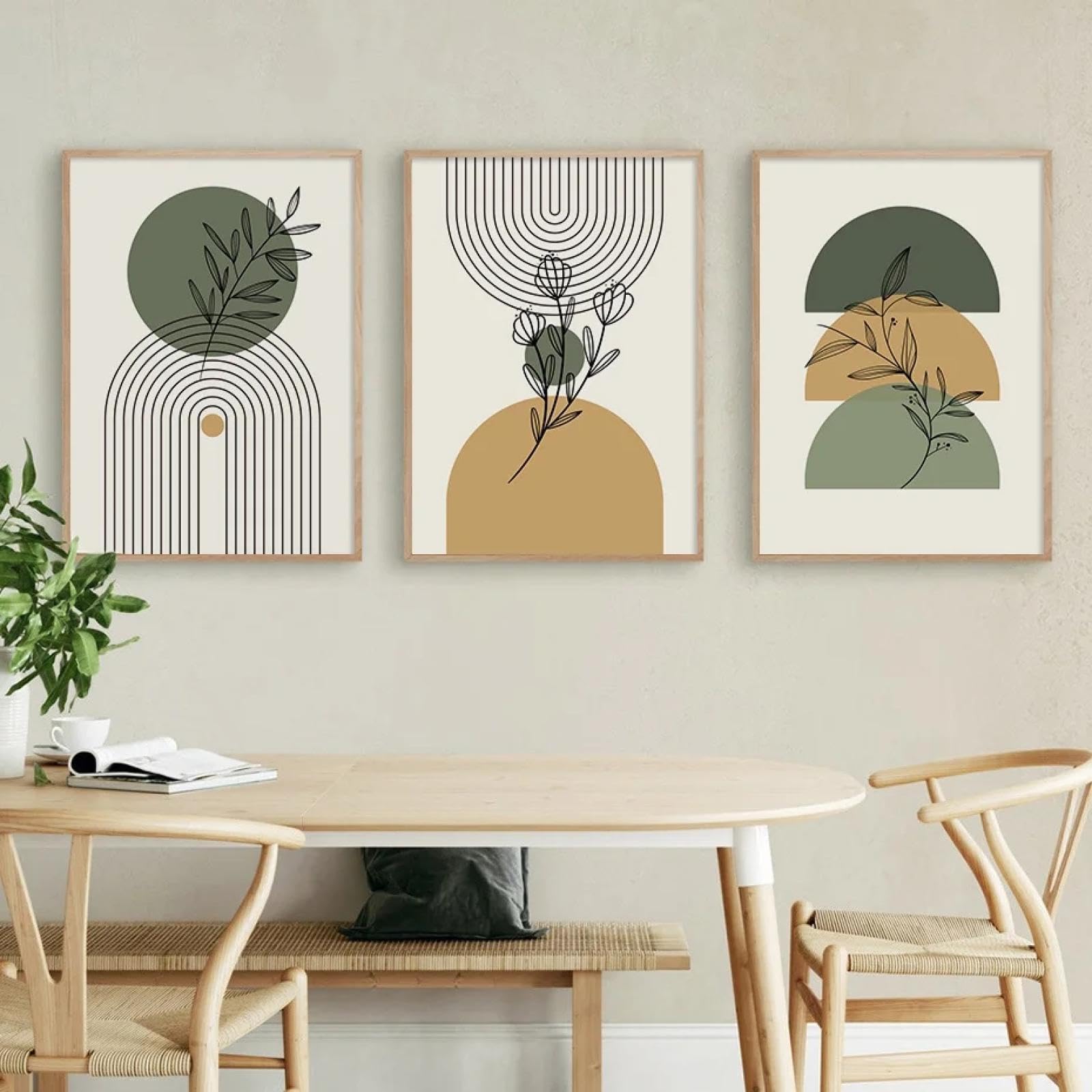 Tableau Déco Murale 3 Panneaux Boho Vert – Motifs Lignes Et Cercles – 30x40cm Chacun, Cadre Bois