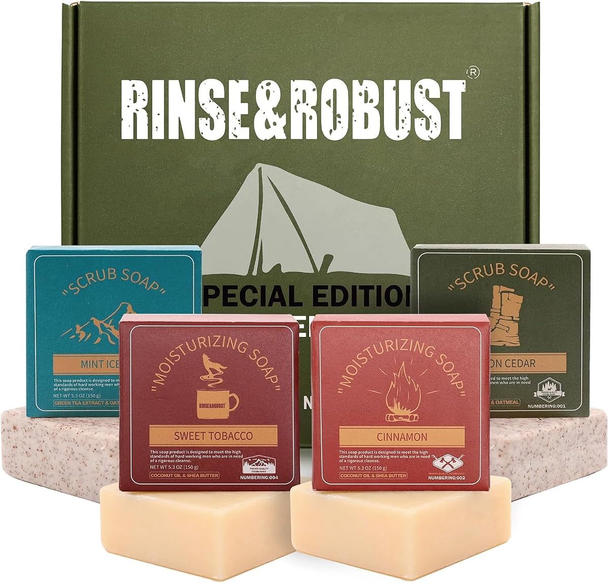 Rinse & Robust Jabón en barra para hombre, barra limpiadora, jabón exfoliante e hidratante, juego de regalo para hombres | Lavado de barba 4 en 1 para rostro, cuerpo, manos | canela, cedro de limón, trocitos de hielo de menta, tabaco | 5.3 oz de 4 barras