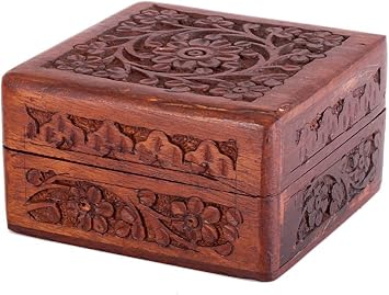 Store Indya Mothers Day Gift Box Exotic Hand Carved Rosewood Trinket Keepsake with Intricate Floral Patterns, 4 x 4 x 2.5 Inches