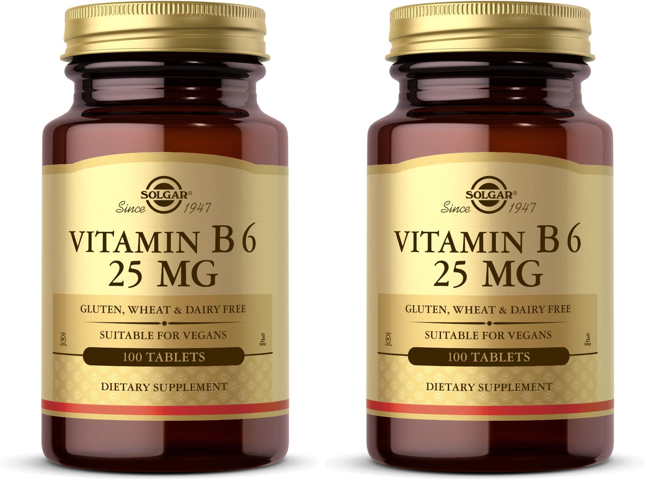 Solgar Vitamin B6 25 mg, 100 Tablets - Supports Energy Metabolism, Heart Health & Healthy Nervous System - B Complex Supplement - Vegan, Gluten Free, Dairy Free, Kosher - 100 Servings (Pack of 2) 100 Count (Pack of 2)