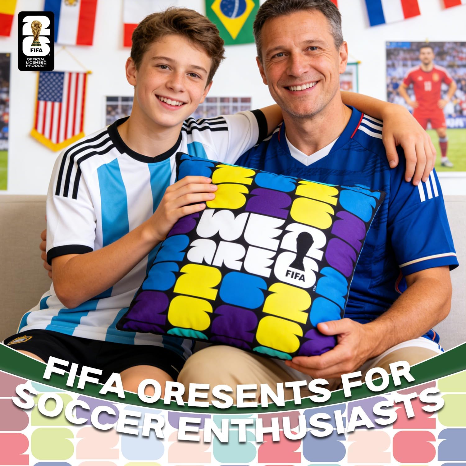 MESUCA FIFA World Cup 2026 Trophy Throw Pillow - Official FIFA World Cup 2026 Merchandise - 18x18 Inch Plush Pillow Cushion for Bedroom, Sofa, Home Decor - Collectible Gift for Soccer Fans