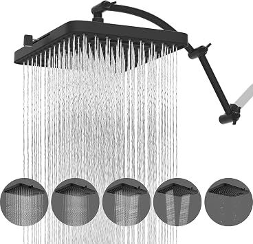 Hibbent Rain Shower Head, 13 High Pressure Rainfall 5 Spray Mode Showerhead with 16" Shower Head Extension Arm, Solid Brass Adjustable Shower Arm Extender, Waterfall fixed Showerheads, Matte Black