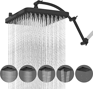 Hibbent Rain Shower Head, 13'' High Pressure Rainfall 5 Spray Mode Showerhead with 16" Shower Head Extension Arm, Solid Brass Adjustable Shower Arm Extender, Waterfall fixed Showerheads, Matte Black