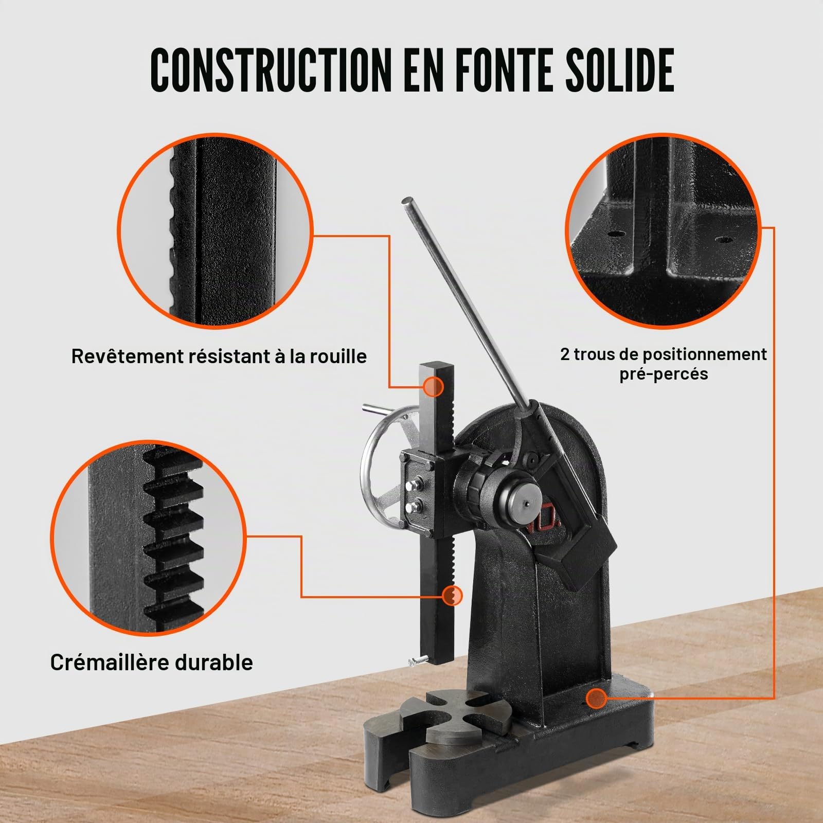 VEVOR Presse à Crémaillère, Presse à Arbre à Cliquet de 3 T, avec Levier et Volant, Hauteur Max. 310 mm, Presse à Poinçonner Manuelle de Bureau en Fonte, pour Estampage, Pliage, Étirement, Formage