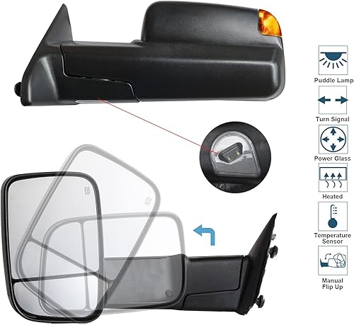 Miniatura 2 de Espejos de remolque aptos para Dodge Ram 2009-2018 1500 2500 3500 Pickup Truck con calefacción de vidrio de descongelación con luces LED de señal de