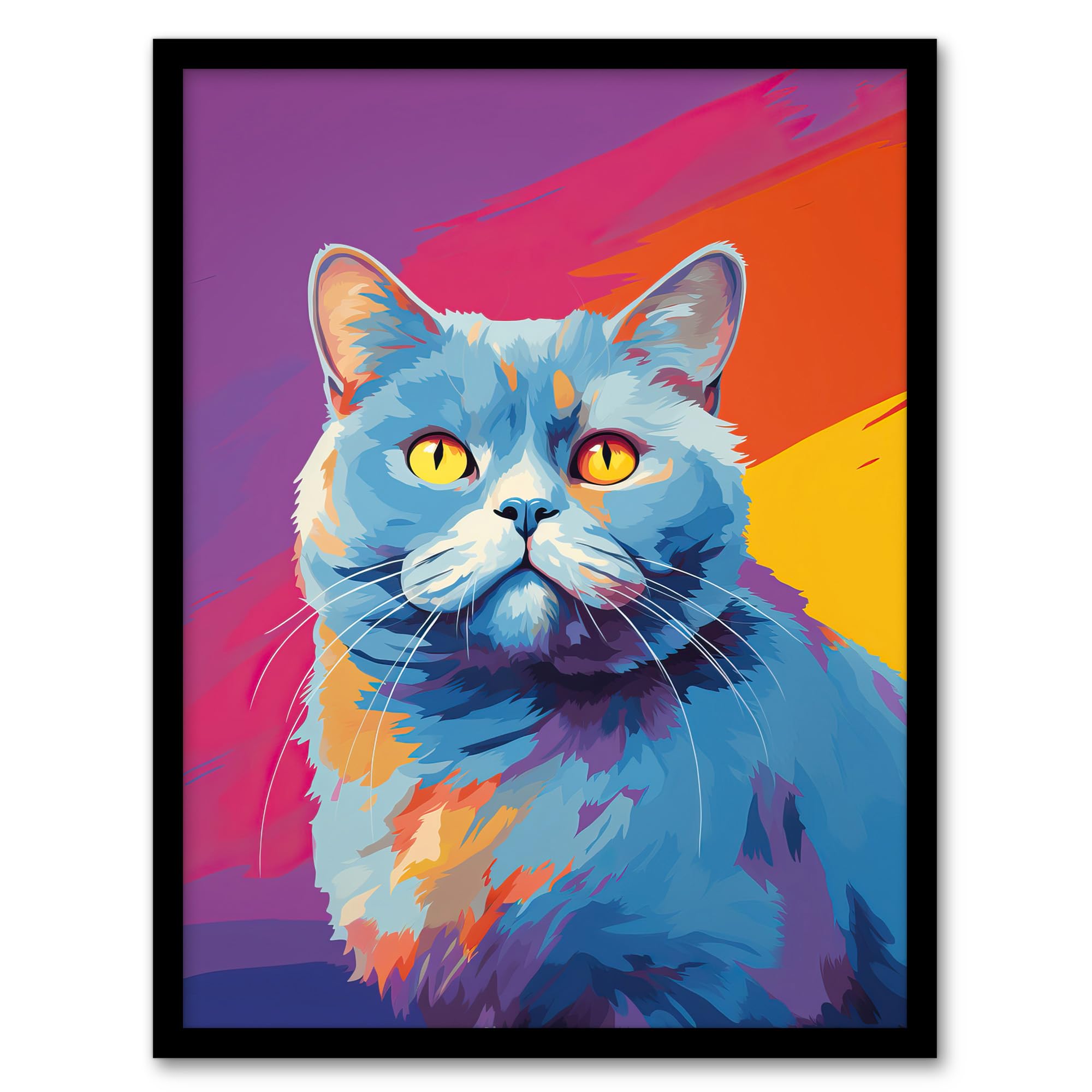 Artery8 British Shorthair Cat Lover Gift Pet Portrait Purple Orange Blue Artwork Painting Artwork Framed Wall Art Print A4