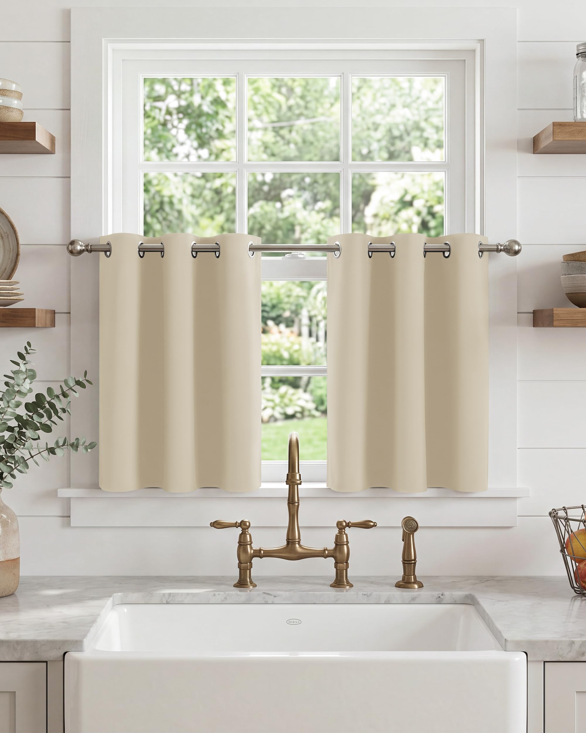 PONY DANCE Short Eyelet Blackout Curtains Beige, Thermal Insulated Room Darkening Drapes for Kitchen & Dining Room, Classic Energy Saving Privacy, 2 Panels W34 xL40 — image 1