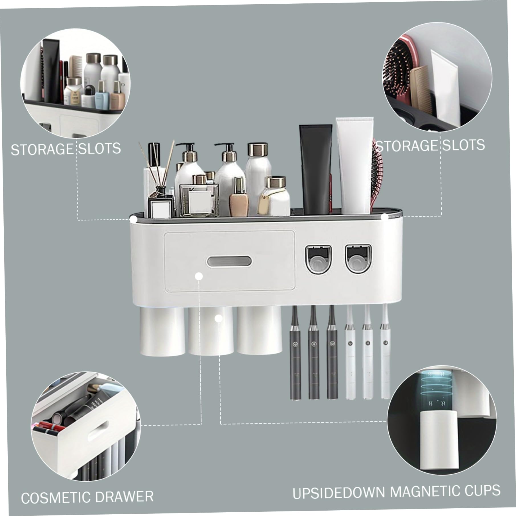 Soporte de pared para cepillo de dientes, dispensador automático de pasta de dientes con 3 tazas magnéticas, 6 ranuras para cepillo, bandeja de almacenamiento y cajón para baño
