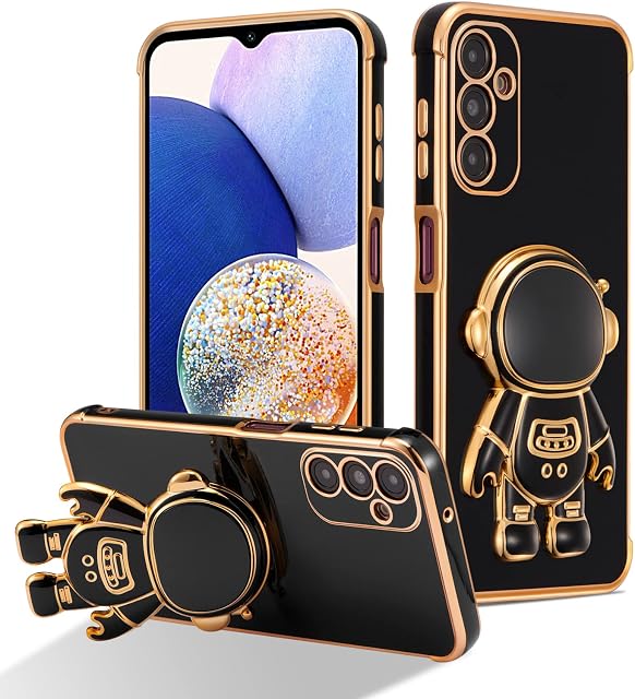 RALEAVO Compatible with Samsung Galaxy A14 5G Case with Cute Astronaut Kickstand Design Shockproof Plating Phone Case for Galaxy A14 5G-Black