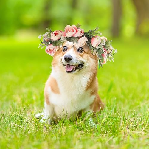 Miniatura 6 de Honoson Collar de flores de boda para perro, atuendo floral rosa, lazo de corona para mujeres, mascotas, gatos, fiesta, accesorios para fotos