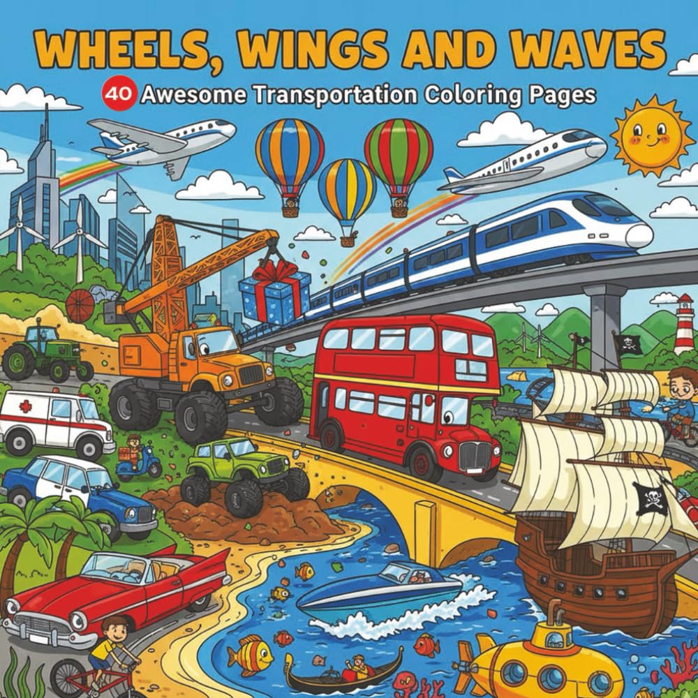 Wheels, Wings and Waves: 40 Awesome Transportation Coloring Pages Trucks, Trains, Planes, and Ships for Creative Kids | 8.5x8.5 Inches
