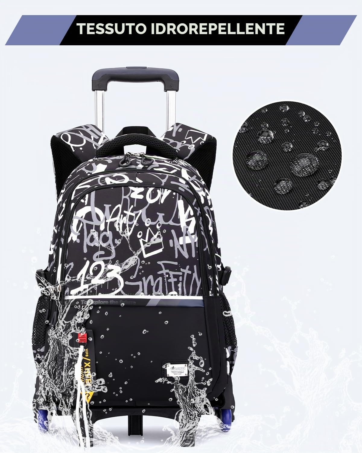 Amythe Zaino Trolley per Ragazzi - Zaino Scuola Adolescenti con Carrello Rimovibile Impermeabile per Laptop 15,6 Pollici, Zaini Nero con Rotelle per Scuola Media Superiore, 6 Ruote