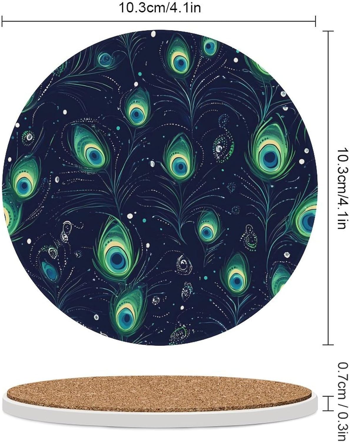Peacock Feather Coasters for Drink Round Ceramic Coaster with Cork Base Home Decorative 6PCS