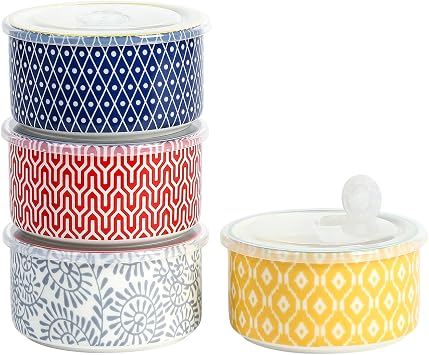 Selamica 14 OZ Ceramic Bowls with Lids, Set of 4, Assorted Colors