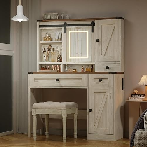 EROMMY 42" Farmhouse Makeup Vanity Desk with Lighted Mirror & Power Strips, Vanity Table with Sliding Barn Door, Open & Hidden Shelves, Drawers, Jewelry Cabinet, White Dressing Table, Light Adjustable
