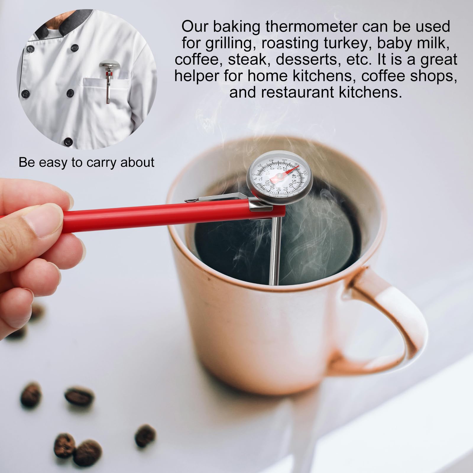 Analogowy termometr do mięsa, 120 cm, ze stali nierdzewnej, z długą sondą i klipsem, termometr do mleka barista, termometr do pieczenia, termometr do gotowania płynów