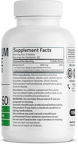 Miniatura 2 de Bronson Glicinato de magnesio 400 mg extra fuerte, vegetariano, quelado para absorción suave en el estómago, sin OMG, 60 tabletas